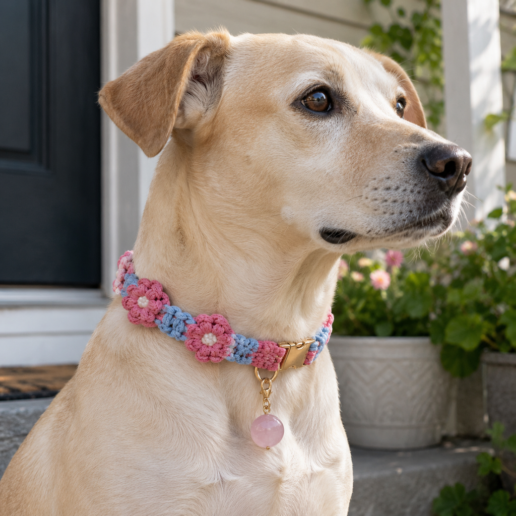 Handmade Pink & Blue Floral Pet Collar with Removable Rose Quartz Charm