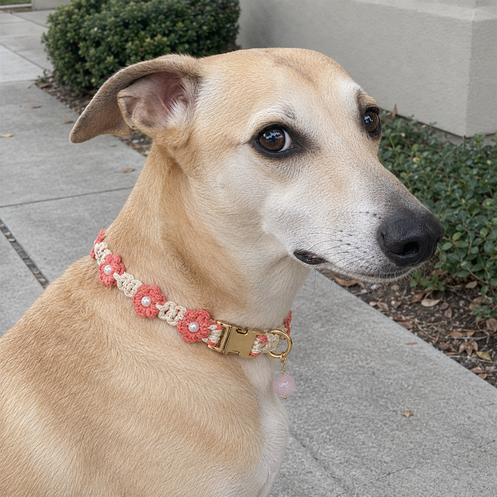 HANDMADE FLORAL DOG COLLAR WITH ROSE QUARTZ CHARM