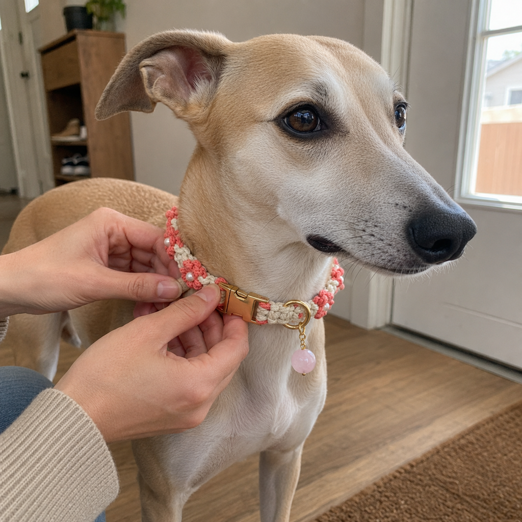 HANDMADE FLORAL DOG COLLAR WITH ROSE QUARTZ CHARM