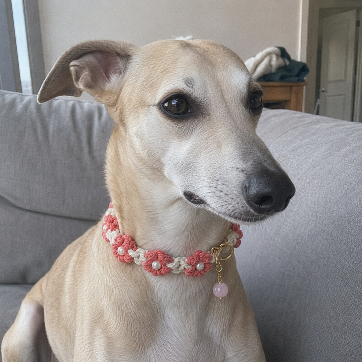 HANDMADE FLORAL DOG COLLAR WITH ROSE QUARTZ CHARM
