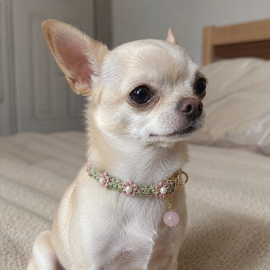 HANDMADE FLORAL PET COLLAR WITH ROSE QUARTZ CHARM