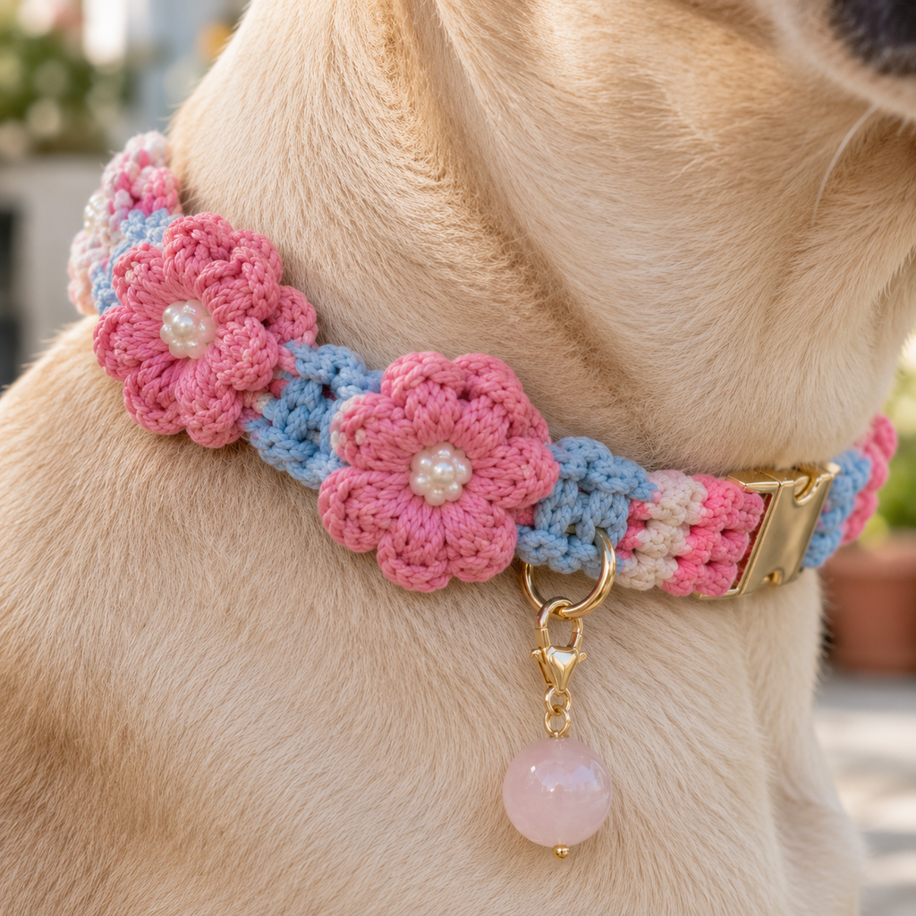 Handmade Pink & Blue Floral Pet Collar with Removable Rose Quartz Charm