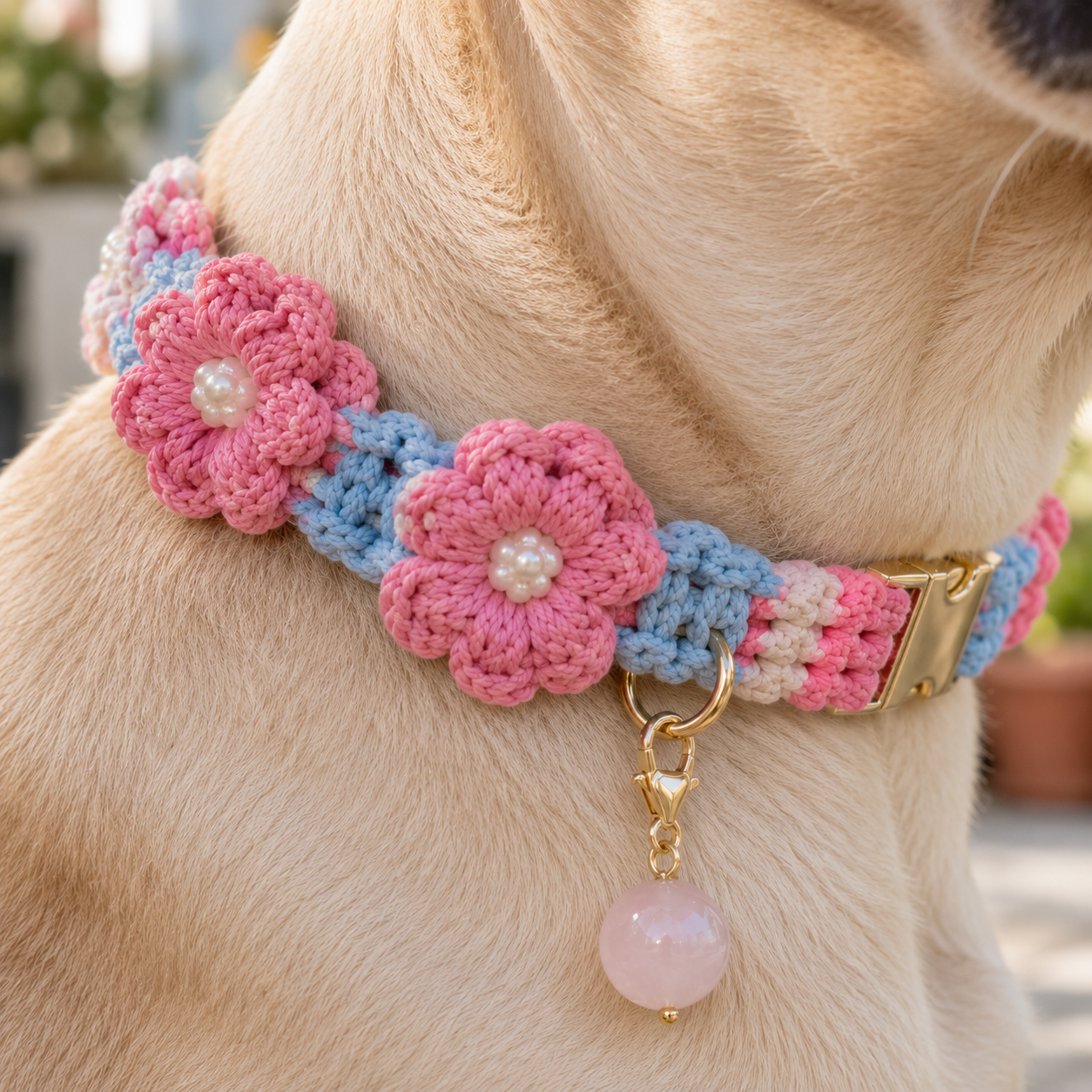 Handmade Pink & Blue Floral Pet Collar with Removable Rose Quartz Charm