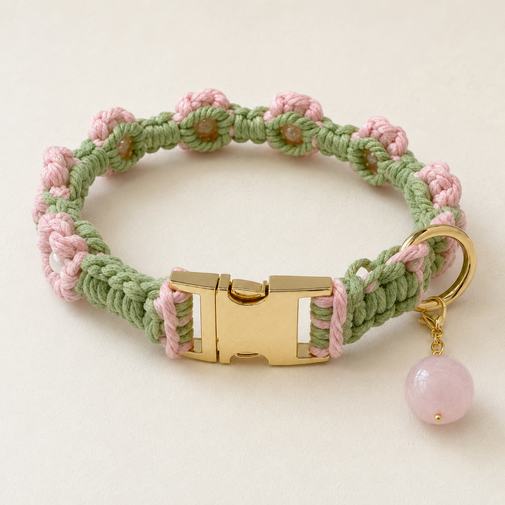HANDMADE FLORAL PET COLLAR WITH ROSE QUARTZ CHARM