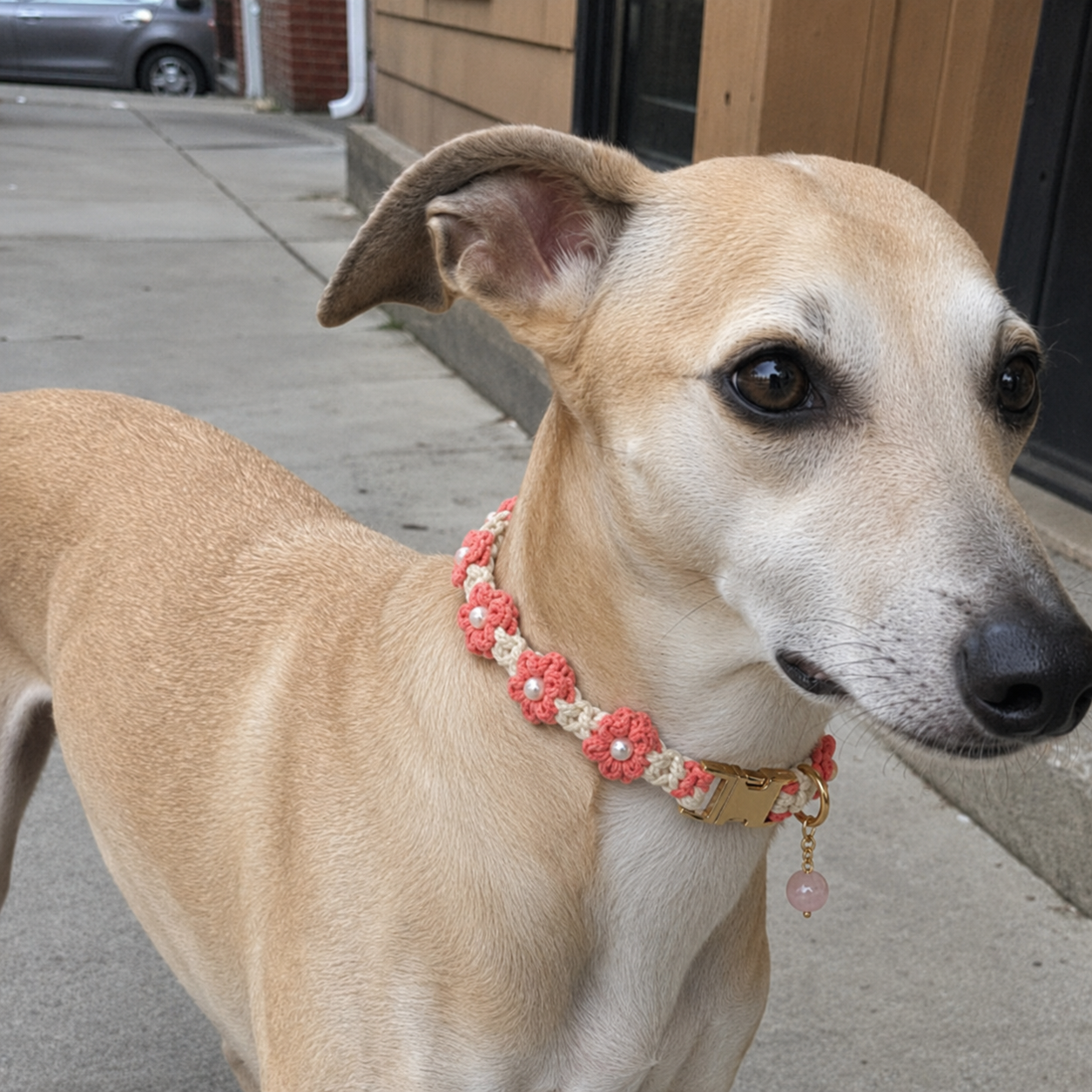 HANDMADE FLORAL DOG COLLAR WITH ROSE QUARTZ CHARM