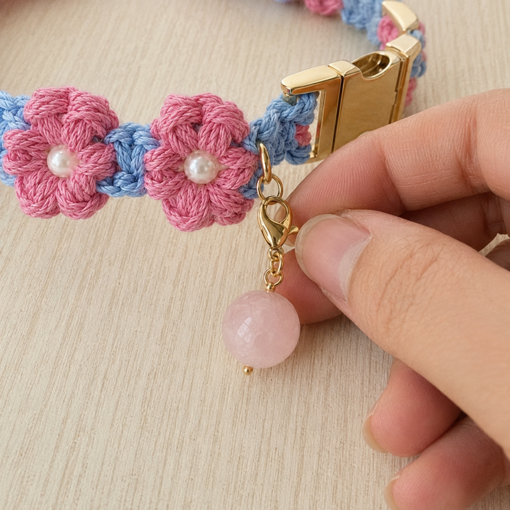 Handmade Pink & Blue Floral Pet Collar with Removable Rose Quartz Charm
