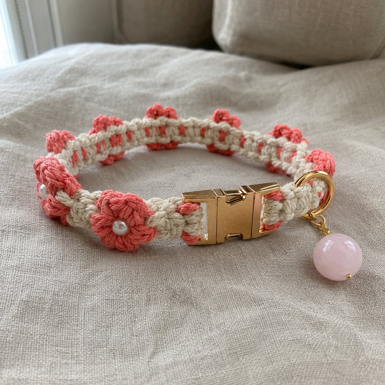 HANDMADE FLORAL DOG COLLAR WITH ROSE QUARTZ CHARM
