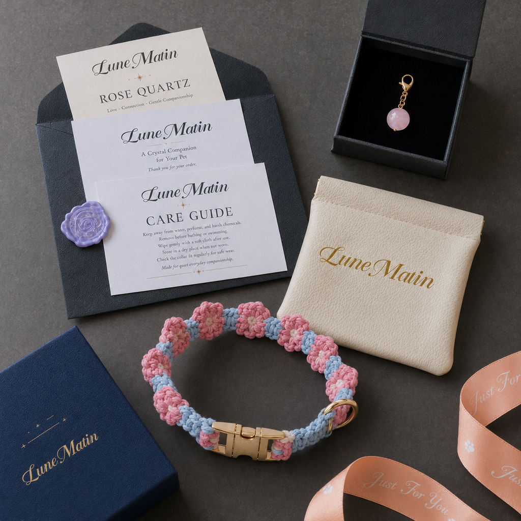 Handmade Pink & Blue Floral Pet Collar with Removable Rose Quartz Charm