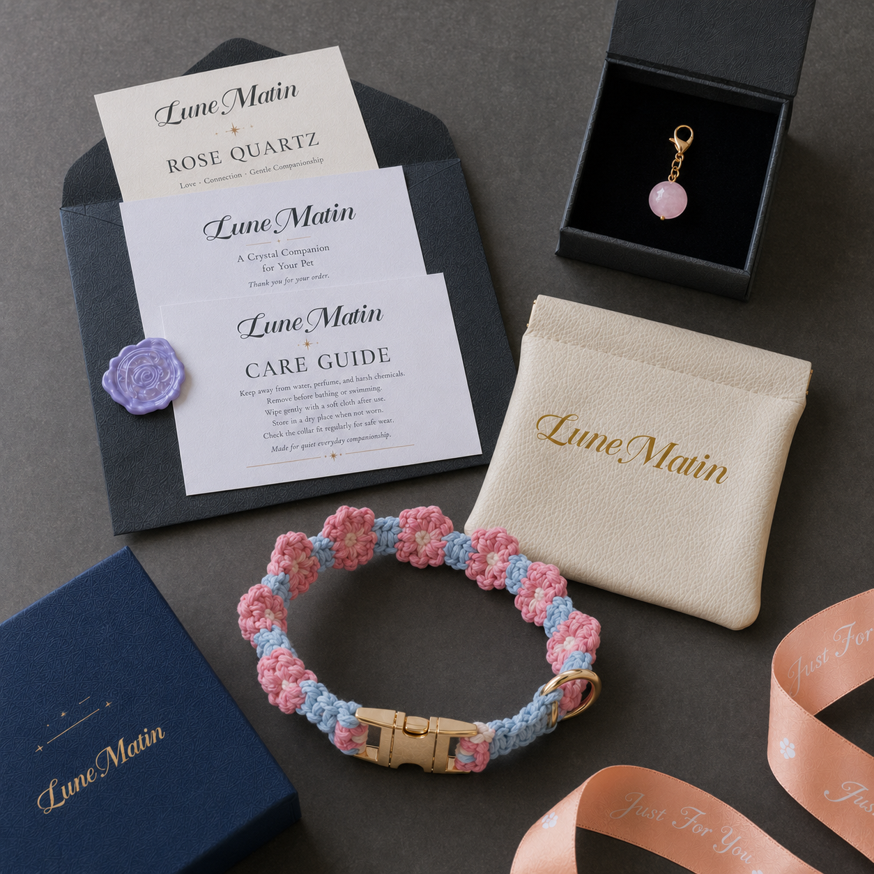 Handmade Pink & Blue Floral Pet Collar with Removable Rose Quartz Charm