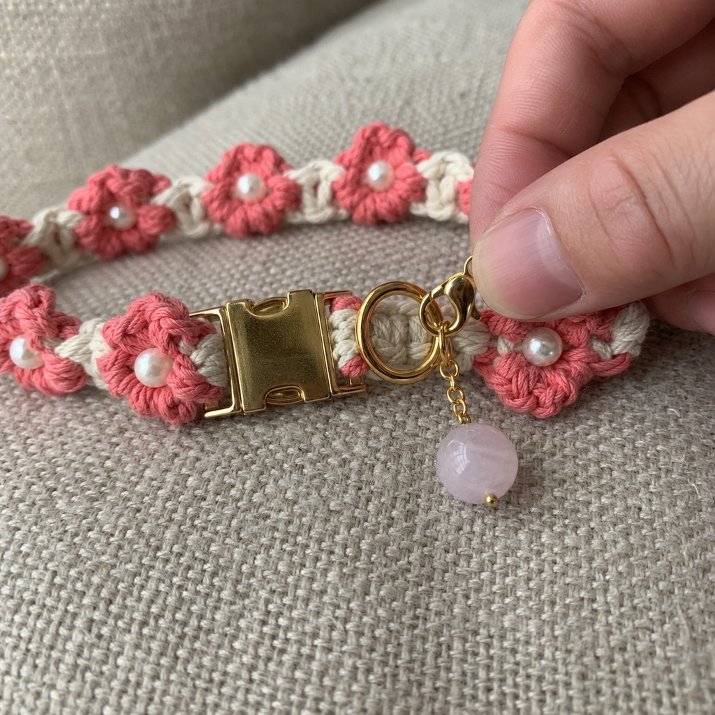 HANDMADE FLORAL DOG COLLAR WITH ROSE QUARTZ CHARM
