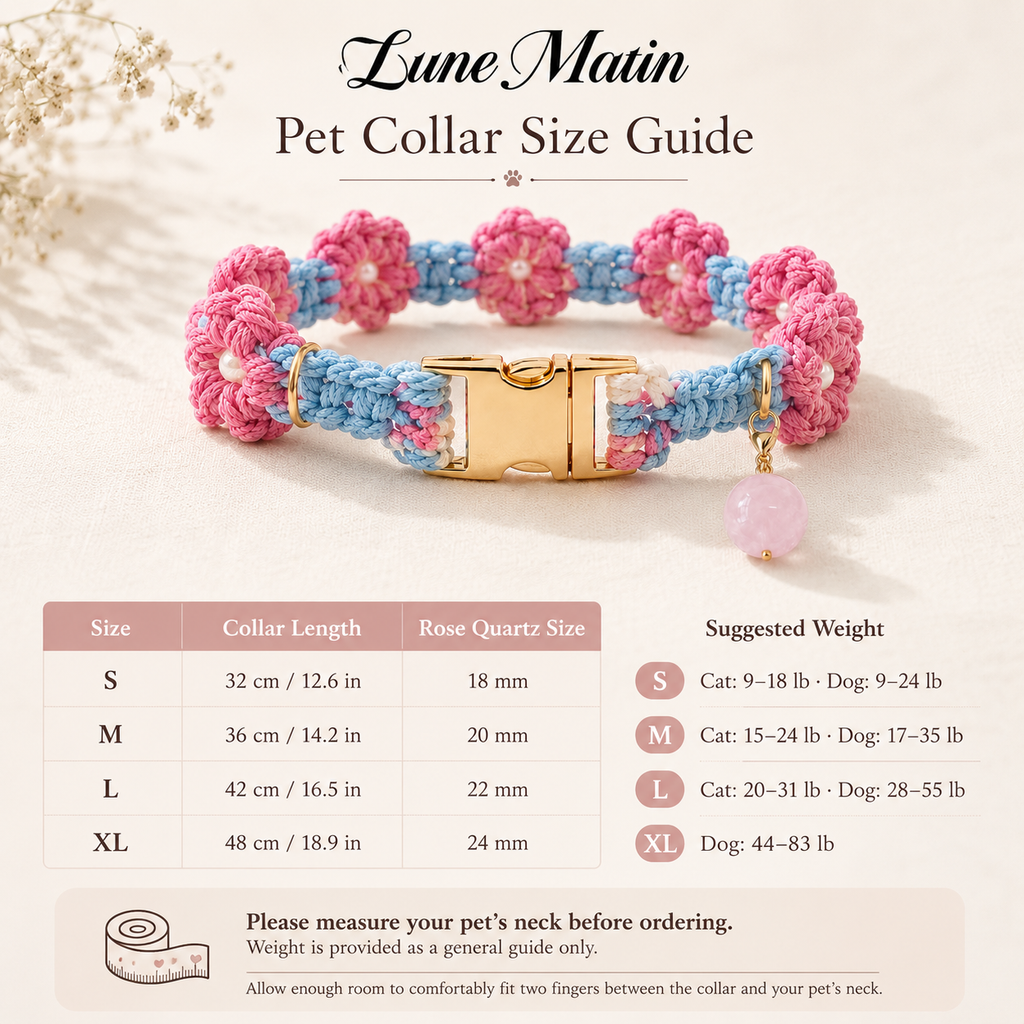 Handmade Pink & Blue Floral Pet Collar with Removable Rose Quartz Charm