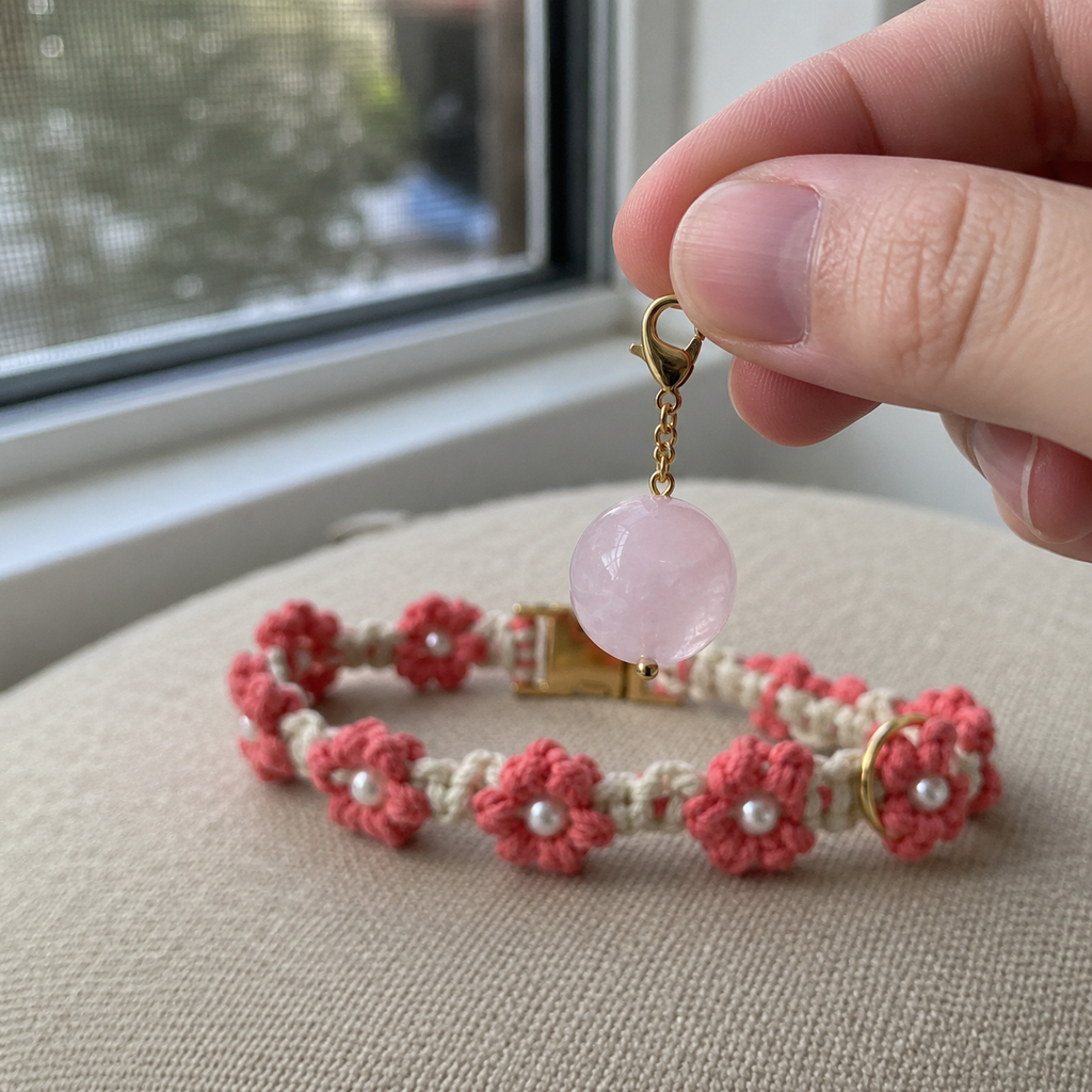 HANDMADE FLORAL DOG COLLAR WITH ROSE QUARTZ CHARM
