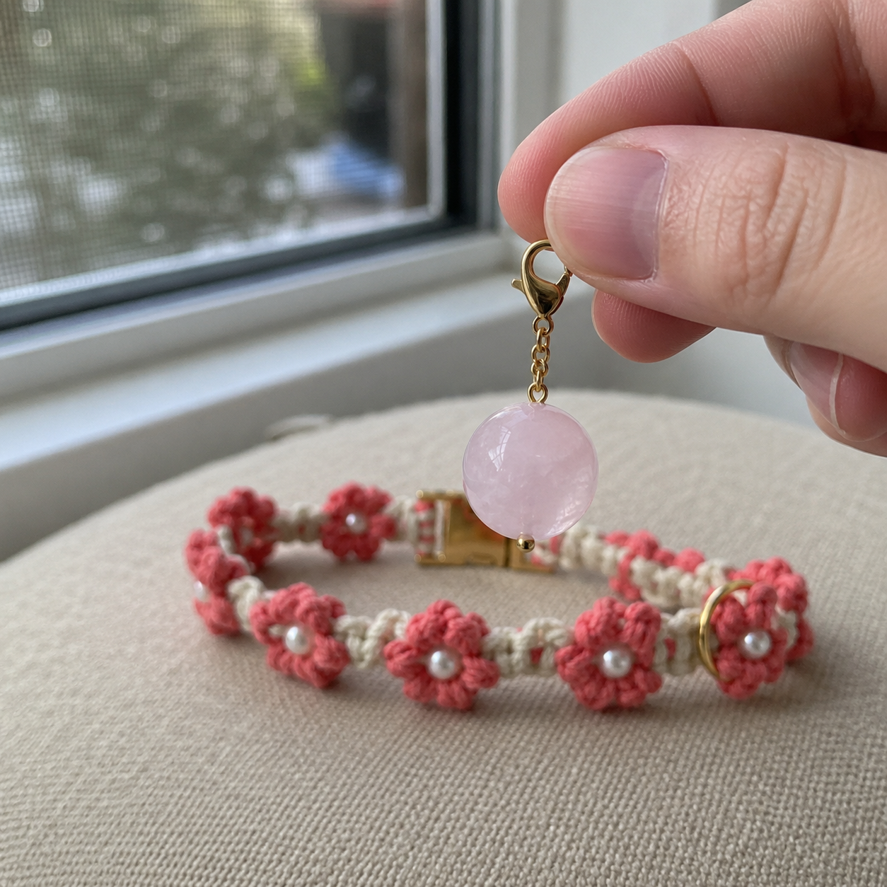HANDMADE FLORAL DOG COLLAR WITH ROSE QUARTZ CHARM