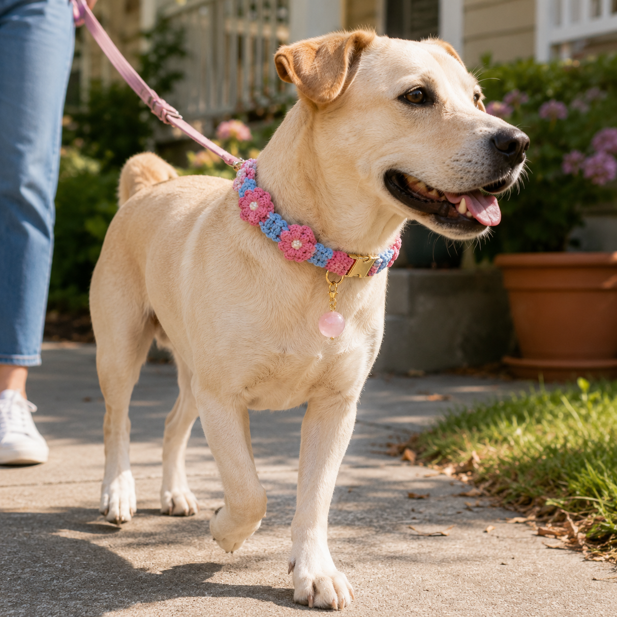 Handmade Pink & Blue Floral Pet Collar with Removable Rose Quartz Charm