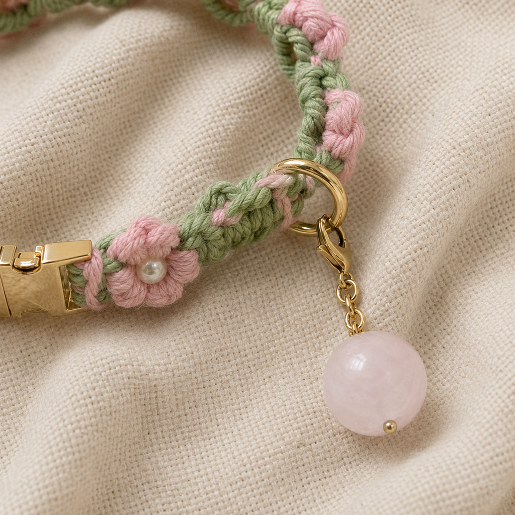 HANDMADE FLORAL PET COLLAR WITH ROSE QUARTZ CHARM
