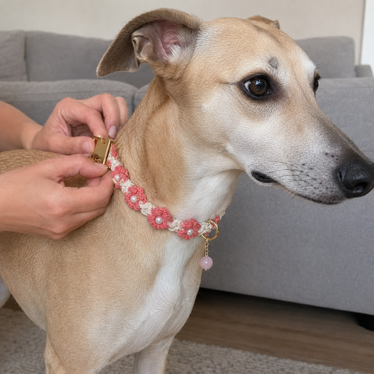 HANDMADE FLORAL DOG COLLAR WITH ROSE QUARTZ CHARM