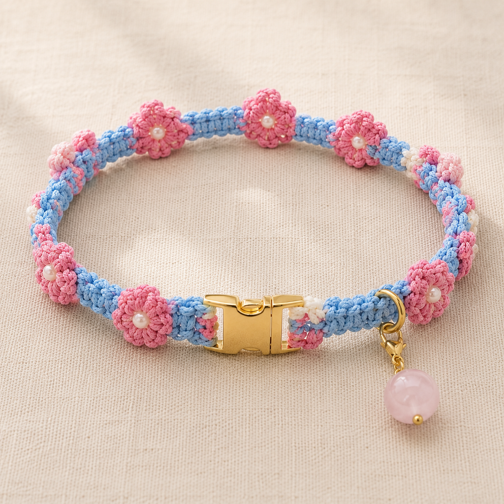 Handmade Pink & Blue Floral Pet Collar with Removable Rose Quartz Charm
