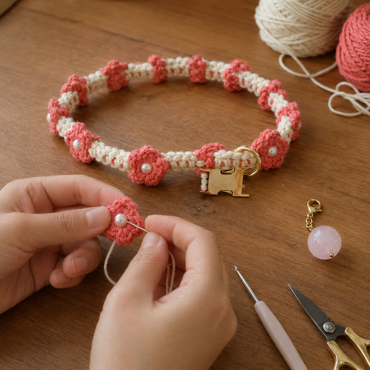HANDMADE FLORAL DOG COLLAR WITH ROSE QUARTZ CHARM