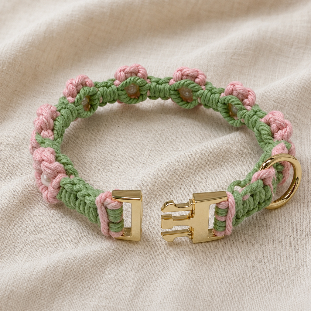 HANDMADE FLORAL PET COLLAR WITH ROSE QUARTZ CHARM