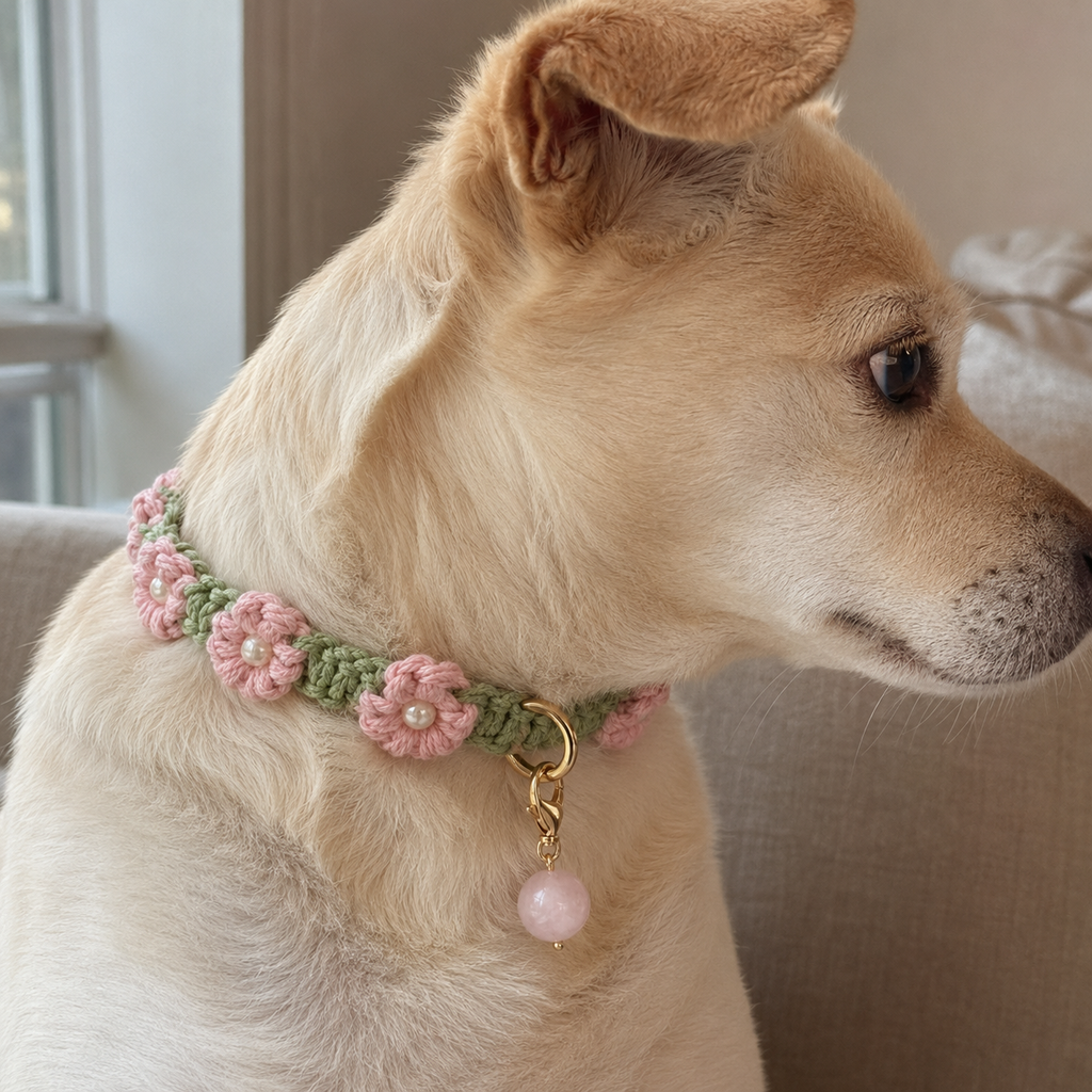 HANDMADE FLORAL PET COLLAR WITH ROSE QUARTZ CHARM